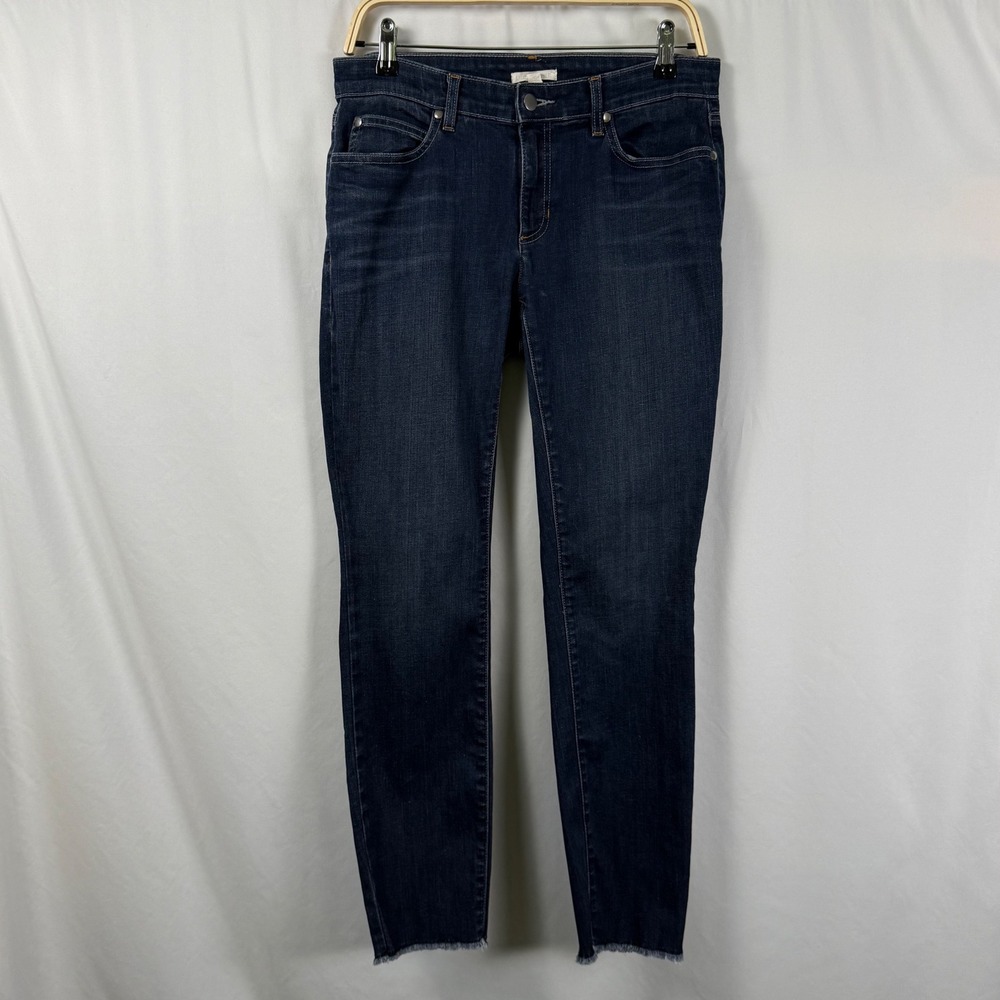 Eileen Fisher Dark Wash Jeans Raw Hem Indigo Blue Stretch 5 Pocket Zip Womens 6